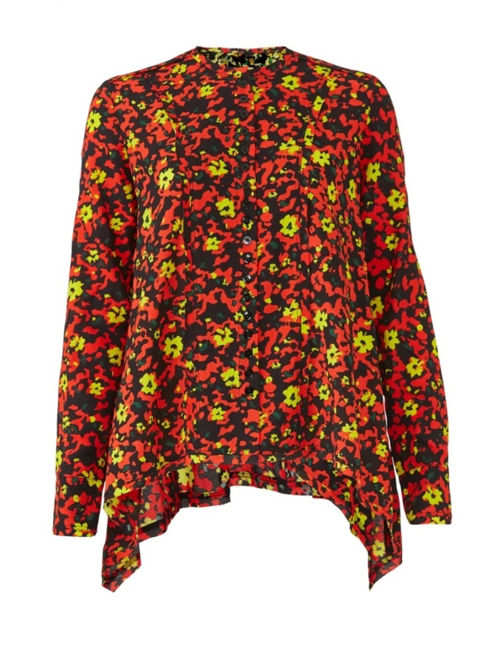 Proenza Schouler Red, Black and Lime Floral Button-Front Long-Sleeve Top
